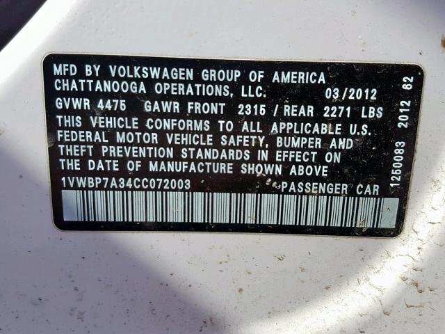 1VWBP7A34CC072003 - 2012 VOLKSWAGEN PASSAT SE WHITE photo 10