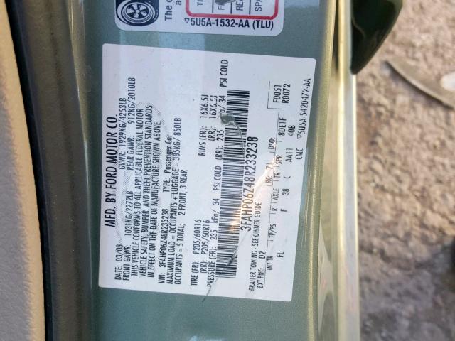 3FAHP06Z48R233238 - 2008 FORD FUSION S GREEN photo 10