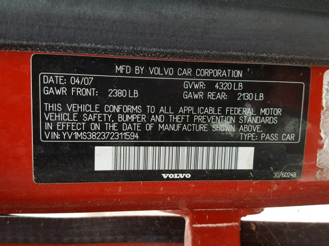 YV1MS382372311594 - 2007 VOLVO S40 2.4I RED photo 10