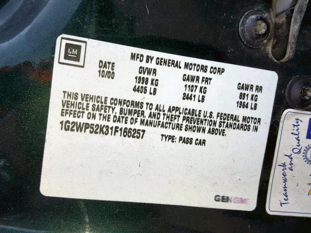 1G2WP52K31F166257 - 2001 PONTIAC GRAND PRIX GREEN photo 10