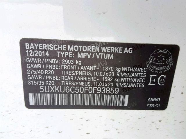 5UXKU6C50F0F93859 - 2015 BMW X6 XDRIVE5 WHITE photo 10