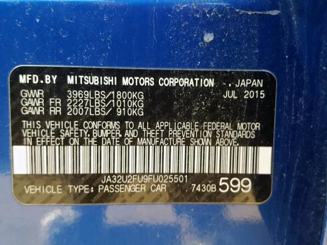 JA32U2FU9FU025501 - 2015 MITSUBISHI LANCER ES BLUE photo 10