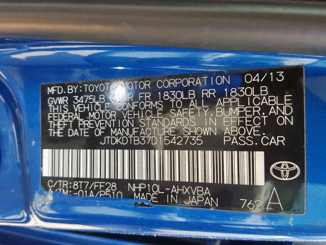 JTDKDTB37D1542735 - 2013 TOYOTA PRIUS C BLUE photo 10