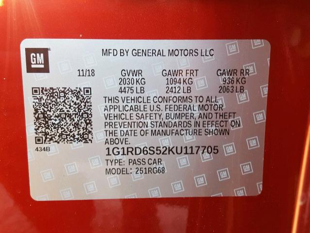 1G1RD6S52KU117705 - 2019 CHEVROLET VOLT PREMI RED photo 10