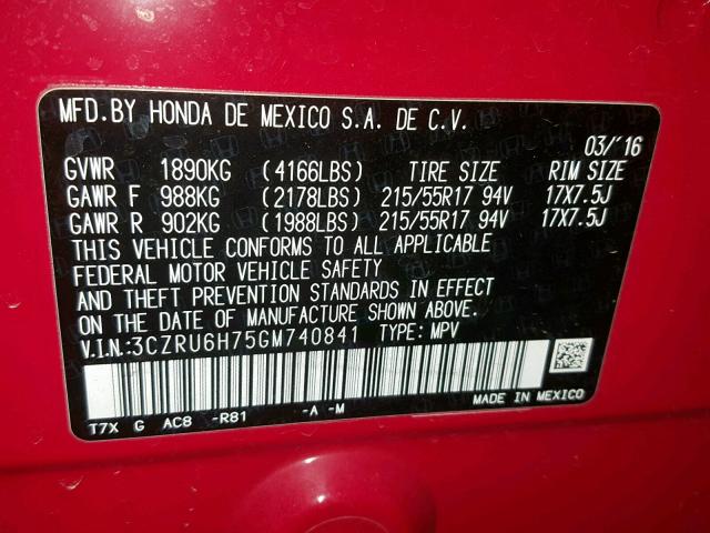 3CZRU6H75GM740841 - 2016 HONDA HR-V EXL RED photo 10