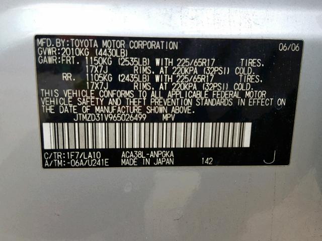 JTMZD31V965026499 - 2006 TOYOTA RAV4 LIMIT SILVER photo 10