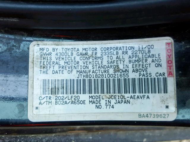 JTHBD182810021655 - 2001 LEXUS IS 300 BLACK photo 10