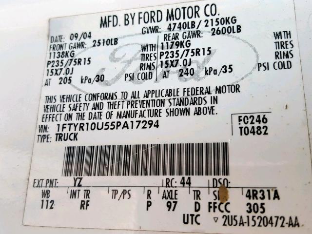 1FTYR10U55PA17294 - 2005 FORD RANGER WHITE photo 10