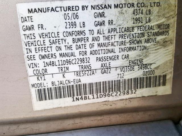 1N4BL11D96C229832 - 2006 NISSAN ALTIMA SE SILVER photo 10