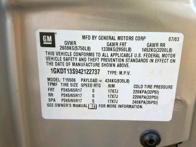 1GKDT13S942122737 - 2004 GMC ENVOY SILVER photo 10