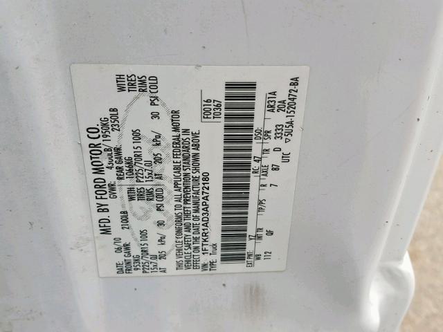 1FTKR1AD3APA72180 - 2010 FORD RANGER WHITE photo 10