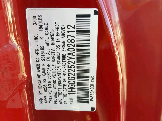 1HGCG2252YA028712 - 2000 HONDA ACCORD EX RED photo 10