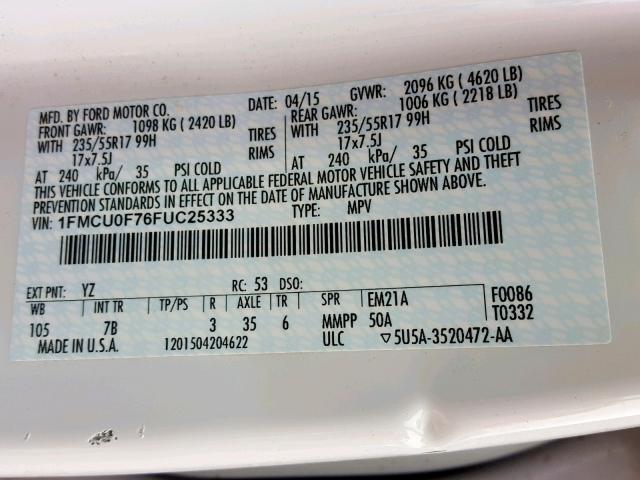 1FMCU0F76FUC25333 - 2015 FORD ESCAPE S WHITE photo 10