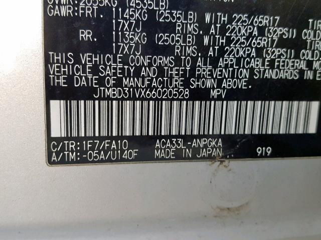 JTMBD31VX66020528 - 2006 TOYOTA RAV4 LIMIT SILVER photo 10