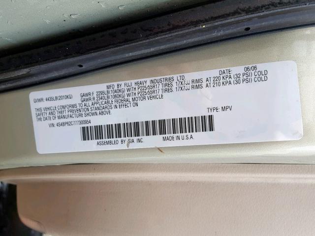 4S4BP62C777300954 - 2007 SUBARU OUTBACK OU BEIGE photo 10