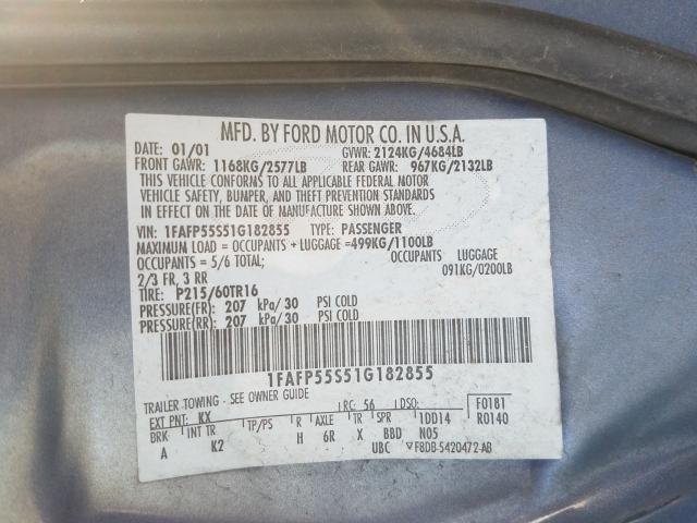 1FAFP55S51G182855 - 2001 FORD TAURUS SES  photo 10