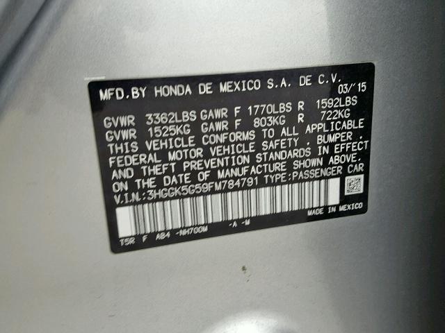 3HGGK5G59FM784791 - 2015 HONDA FIT LX SILVER photo 10