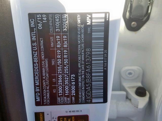 4JGDA5JB8FA613798 - 2015 MERCEDES-BENZ ML 350 WHITE photo 10