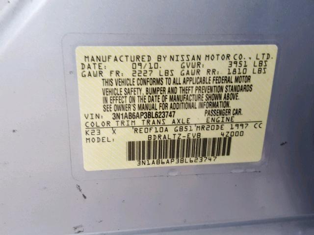 3N1AB6AP3BL623747 - 2011 NISSAN SENTRA 2.0 SILVER photo 10