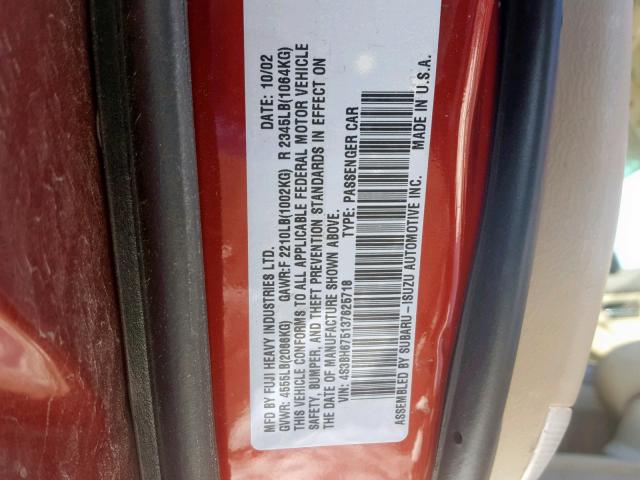 4S3BH675137625718 - 2003 SUBARU LEGACY OUT RED photo 10