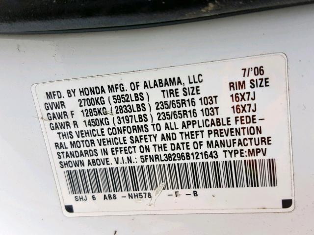 5FNRL38296B121643 - 2006 HONDA ODYSSEY LX WHITE photo 10