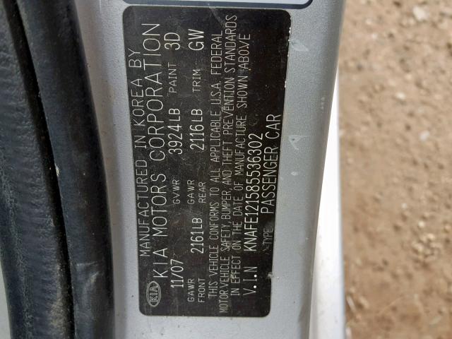 KNAFE121585536302 - 2008 KIA SPECTRA EX SILVER photo 10