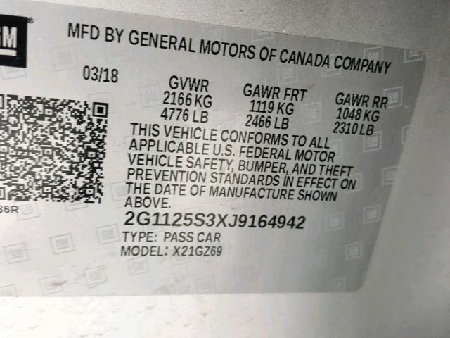 2G1125S3XJ9164942 - 2018 CHEVROLET IMPALA PRE ვერცხლისფერი ფოტო 10