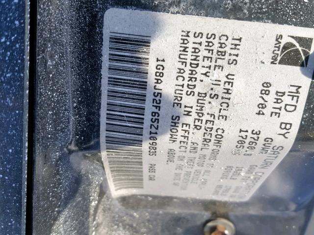 1G8AJ52F65Z109835 - 2005 SATURN ION LEVEL GRAY photo 10