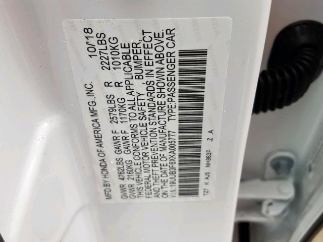 19UUB3F6XKA005777 - 2019 ACURA TLX WHITE photo 10