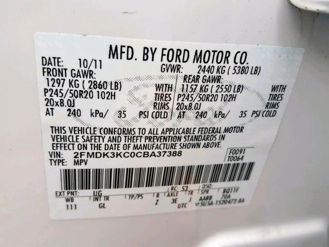 2FMDK3KC0CBA37388 - 2012 FORD EDGE LIMIT WHITE photo 10