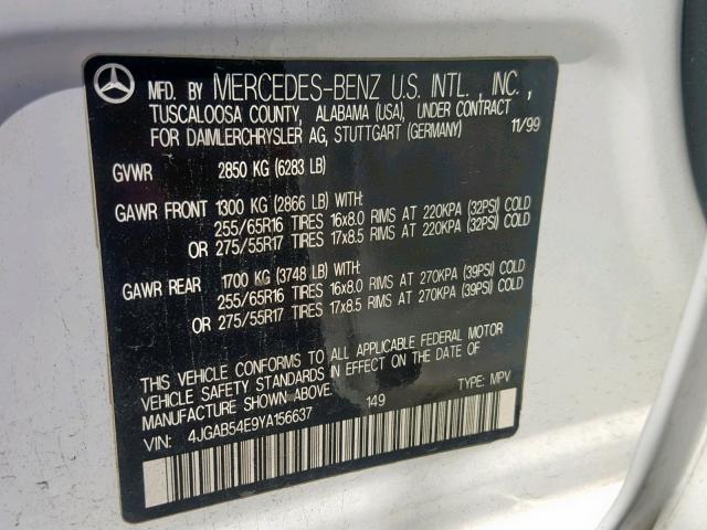 4JGAB54E9YA156637 - 2000 MERCEDES-BENZ ML 320 WHITE photo 10