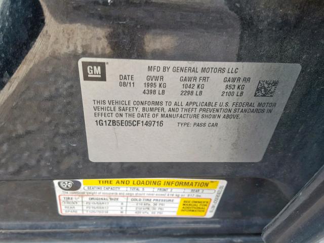 1G1ZB5E05CF149716 - 2012 CHEVROLET MALIBU LS შავი ფოტო 10