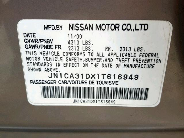 JN1CA31DX1T616949 - 2001 NISSAN MAXIMA GXE GRAY photo 10