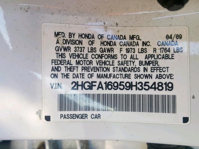 2HGFA16959H354819 - 2009 HONDA CIVIC EXL WHITE photo 10