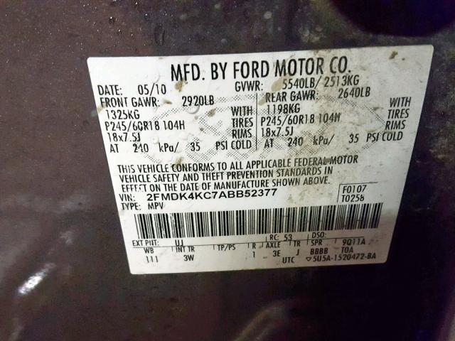 2FMDK4KC7ABB52377 - 2010 FORD EDGE LIMIT GRAY photo 10