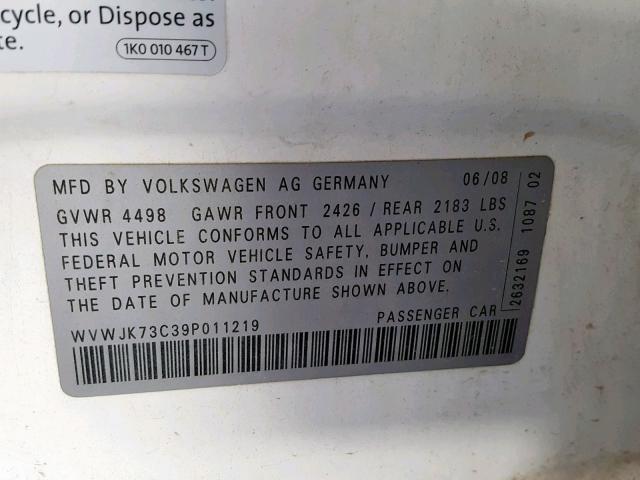 WVWJK73C39P011219 - 2009 VOLKSWAGEN PASSAT TUR WHITE photo 10