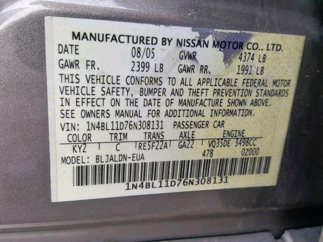 1N4BL11D76N308131 - 2006 NISSAN ALTIMA SE GRAY photo 10