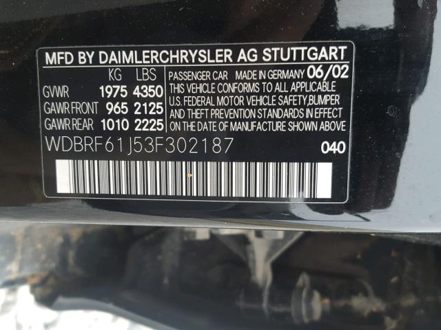 WDBRF61J53F302187 - 2003 MERCEDES-BENZ C 240 BLACK photo 10