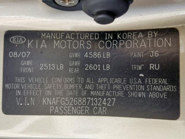 KNAFG526887132427 - 2008 KIA RONDO LX GOLD photo 10