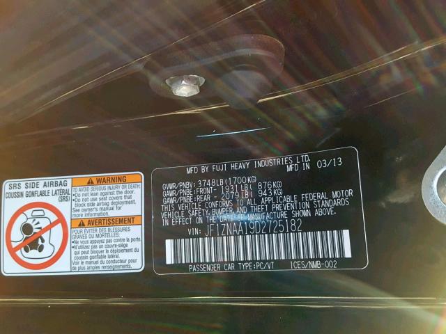 JF1ZNAA19D2725182 - 2013 TOYOTA SCION FR-S BLACK photo 10