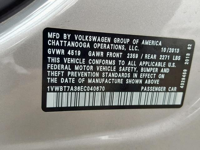 1VWBT7A36EC040670 - 2014 VOLKSWAGEN PASSAT SE SILVER photo 10