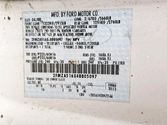 2FMZA516X4BB05097 - 2004 FORD FREESTAR S SILVER photo 10