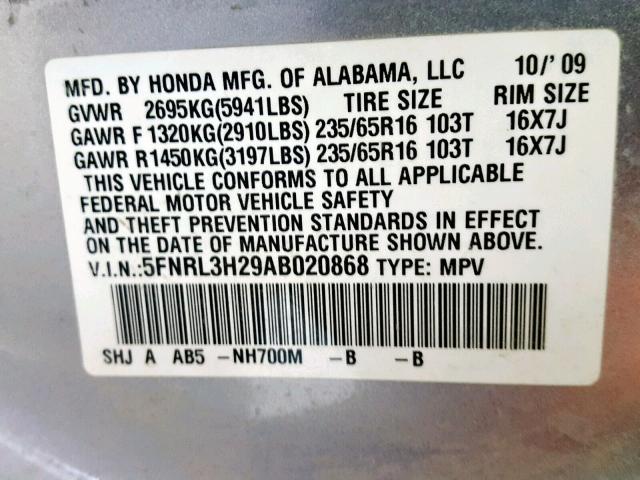 5FNRL3H29AB020868 - 2010 HONDA ODYSSEY LX SILVER photo 10