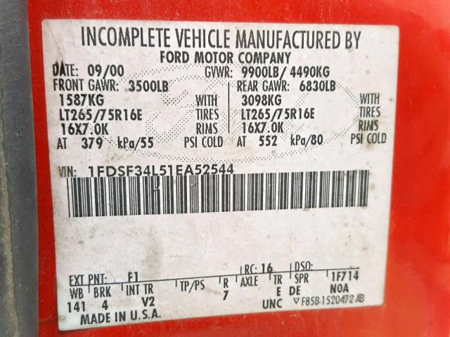 1FDSF34L51EA52544 - 2001 FORD F350 SRW S RED photo 10