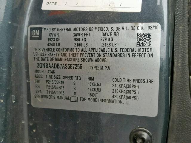 3GNBAADB7AS587256 - 2010 CHEVROLET HHR LS Сұр фото 10