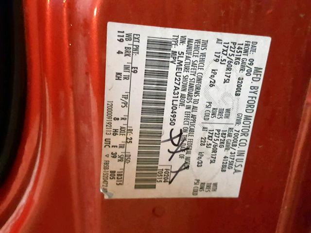 5LMEU27A31LJ04950 - 2001 LINCOLN NAVIGATOR Қызыл фото 10