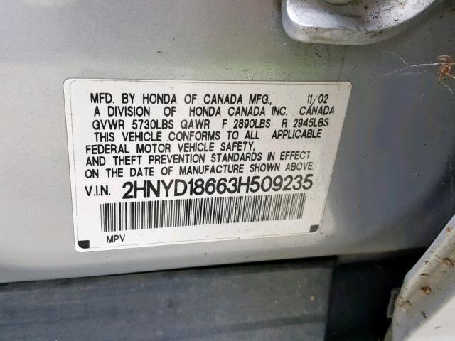 2HNYD18663H509235 - 2003 ACURA MDX TOURIN SILVER photo 10