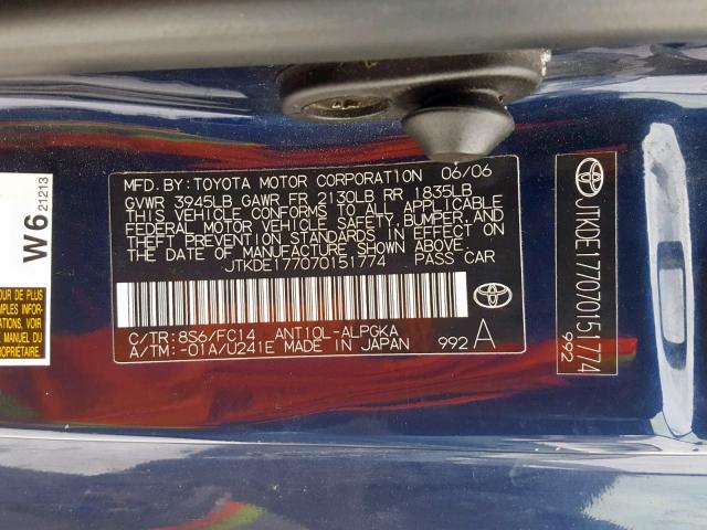 JTKDE177070151774 - 2007 TOYOTA SCION TC 蓝色 照片 10