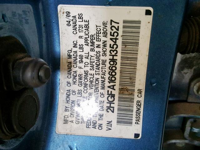 2HGFA16669H354527 - 2009 HONDA CIVIC LX-S Mavi foto 10