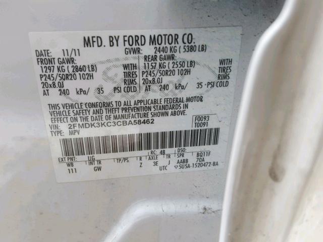 2FMDK3KC3CBA58462 - 2012 FORD EDGE LIMIT WHITE photo 10